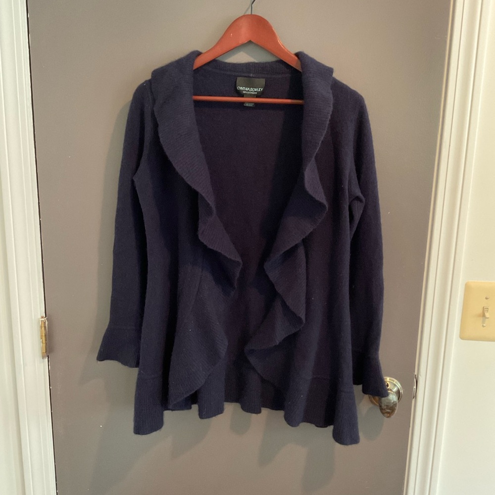 Cynthia Rowley Cashmere Ruffle Cardigan - Navy Blue - M